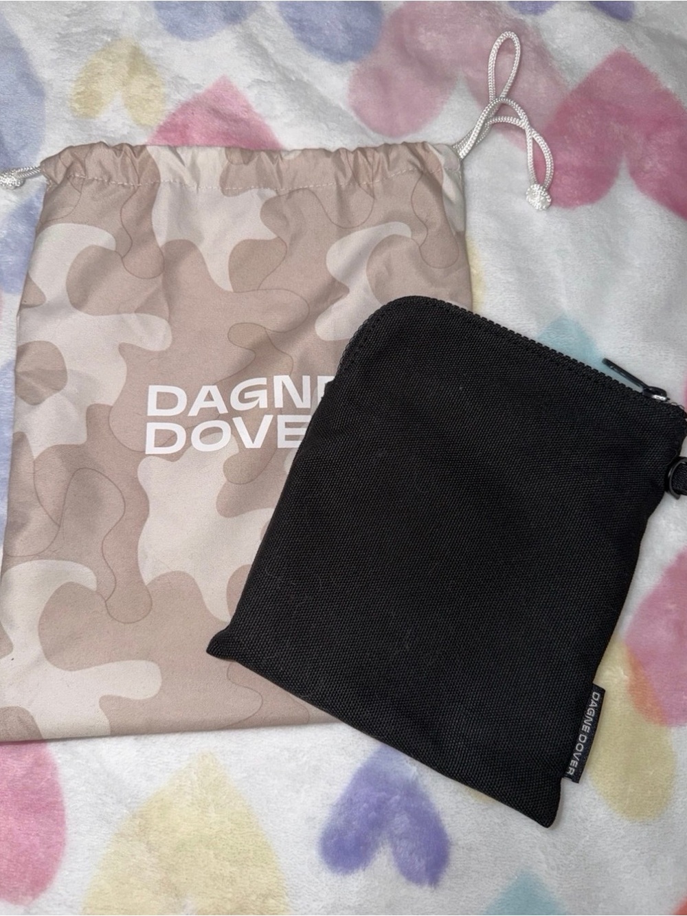 Dagne Dover Black Canvas Zip Pouch with Beige Camo Drawstring Bag